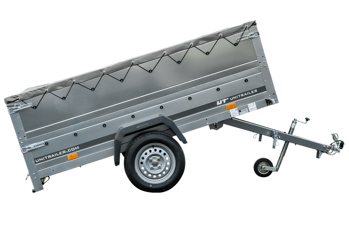 PKW-Anhänger 230x125 UNITRAILER GARDEN 230 KIPP mit Zusatzbordwänden und grauer Plane