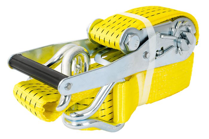 Satz aus vier gelben UNITRAILER 4m/50mm/5t Transportgurten mit Spannvorrichtung