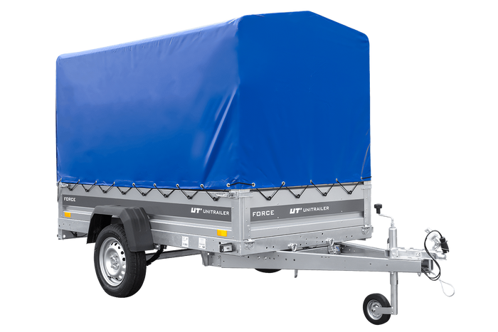 Autotransportanhänger auf Federn 230x125 UNITRAILER FORCE 230/R KIPP mit H-1100 Rahmen und blauer Plane