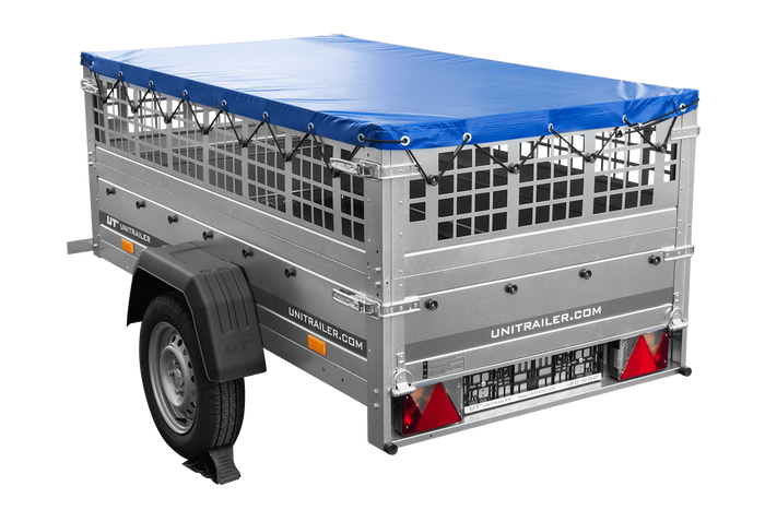 Einachsanhänger 200x106 UNITRAILER GARDEN 200 KIPP mit Maschenseitenwänden und blauer Plane