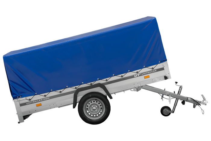 Einachsanhänger mit Aluminiumseitenwänden 264x125 Unitrailer Garden 264 KIPP ALU mit H-800 Rahmen und blauer Plane