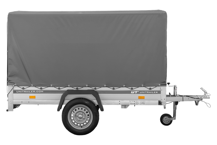 Autotransportanhänger mit Aluminiumwänden 230x125 Unitrailer Garden 230 KIPP ALU mit H1100-Rahmen und grauer Plane