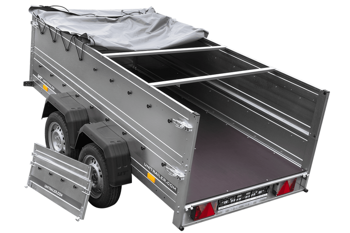 GARTENANHÄNGER 264/2 KIPP Zweiachs-Anhänger mit Stützrad, H-0-Rahmen, zusätzlichen Bordwänden und grauer Plane