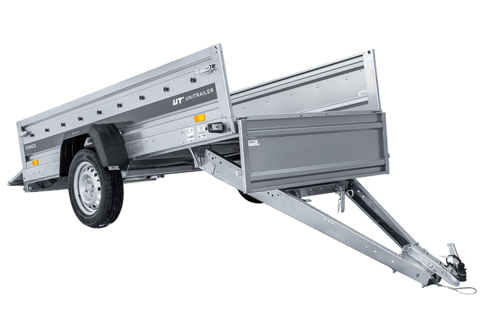Einachsiger Anhänger mit Blattfedern 264x125 UNITRAILER FORCE 264/R KIPP mit H-800 Spriegel und blauer Plane