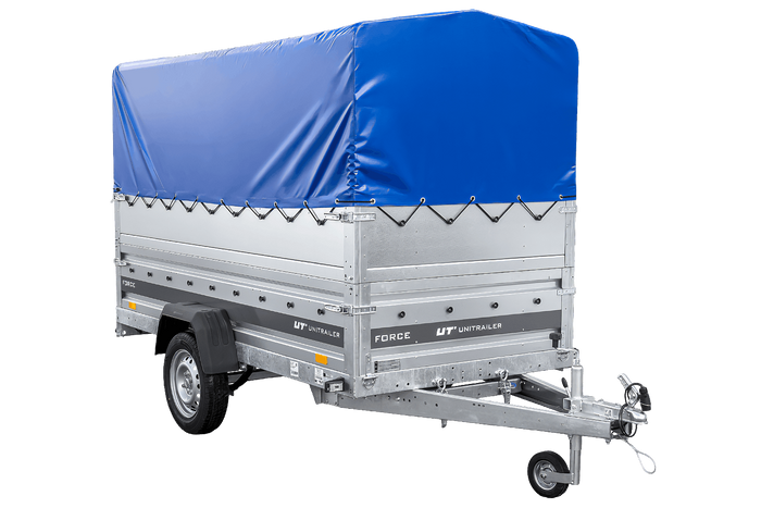 Leichter Anhänger auf Blattfedern 264x125 UNITRAILER FORCE 264/R KIPP mit BIS-Seitenwänden, H-800-Rahmen und blauer Plane