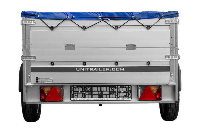 Einachsanhänger mit Aluminiumseitenwänden 230x125 Unitrailer Garden 230 KIPP ALU mit BIS-Seitenwänden, H-0-Rahmen und blauer Plane