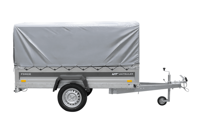 Einachsanhänger 230x125 UNITRAILER FORCE 230 KIPP mit H-800 Spriegel und grauer Hochplane
