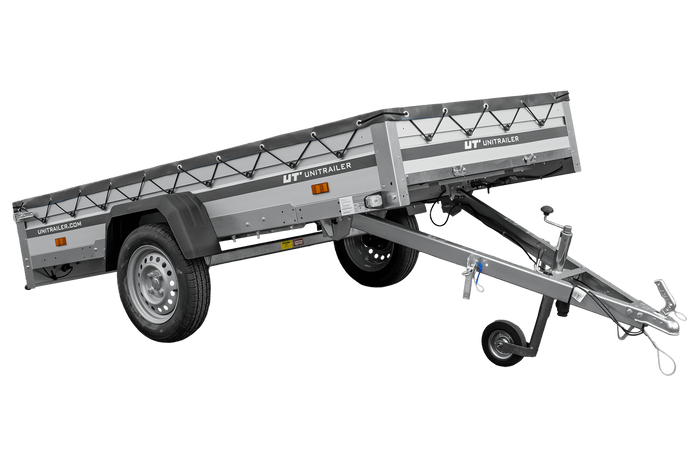 Autotransportanhänger mit Aluminiumseitenwänden 264x125 Unitrailer Garden 264 KIPP ALU mit H-0-Rahmen und grauer Plane