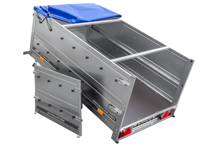 Gartenanhänger 200 Kipp mit Stützrad, zwei Seitenwänden, H-0-Rahmen und blauer Plane