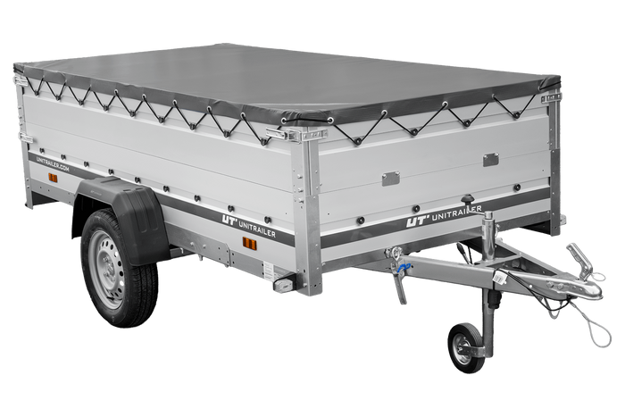 Einachsanhänger mit Aluminiumseitenwänden 264x125 Unitrailer Garden 264 KIPP ALU mit BIS-Seitenwänden, H-0-Rahmen und grauer Plane