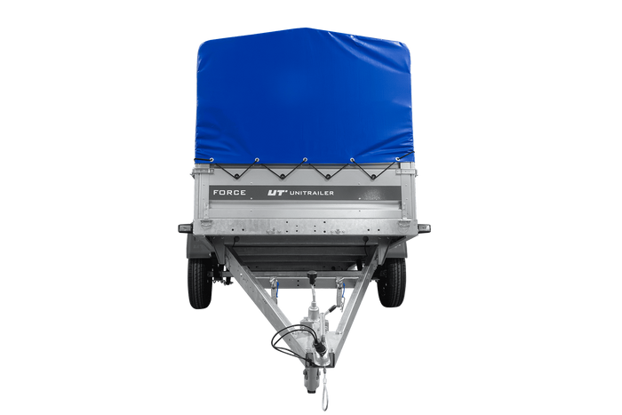 Einachsiger Anhänger auf Blattfedern 264x125 UNITRAILER FORCE 264/R KIPP mit H-800 Rahmen und blauer Plane