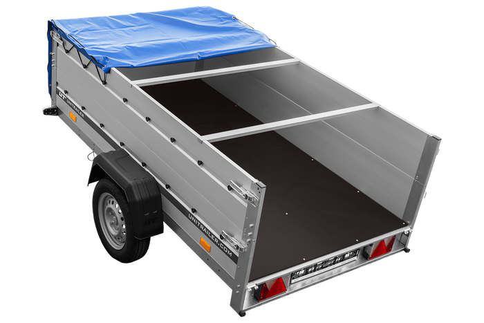 Einachsanhänger mit Aluminiumseitenwänden 230x125 Unitrailer Garden 230 KIPP ALU mit BIS-Seitenwänden, H-0-Rahmen und blauer Plane