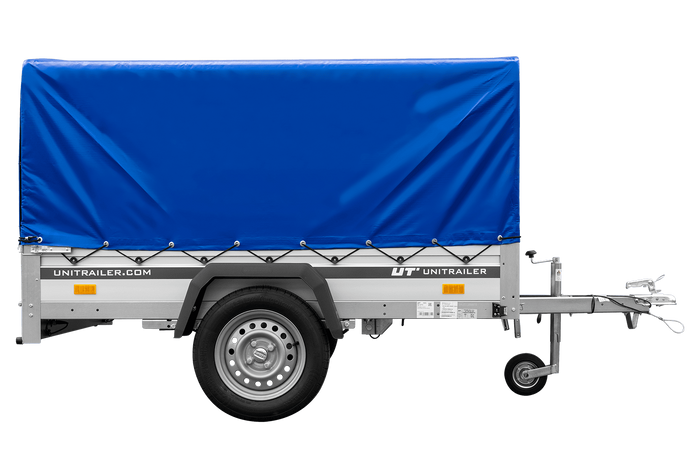 Autotransportanhänger auf Federn mit Aluminiumseitenwänden 200x125 Unitrailer Garden 201/R KIPP ALU mit H-800 Rahmen und blauer Plane
