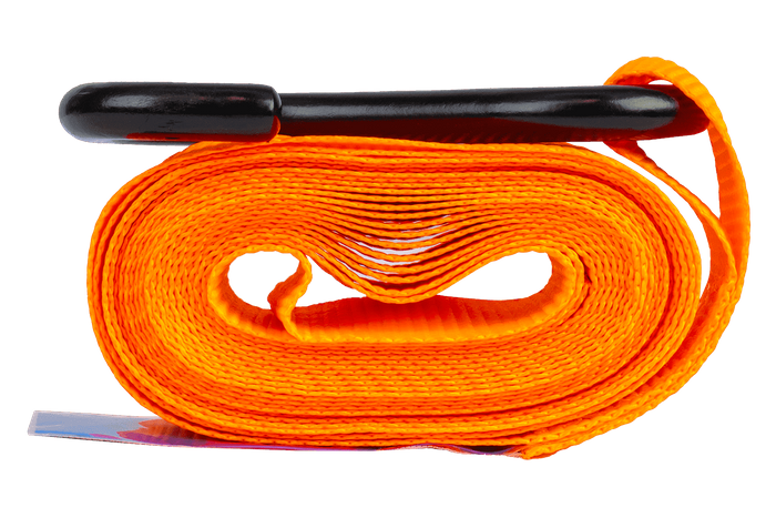 Set aus vier orangefarbenen UNITRAILER 4m/25mm/0,68t Transportgurten mit Spannvorrichtung im Koffer
