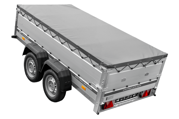 Zweiachsiger Anhänger mit Aluminiumseitenwänden 264x125 Unitrailer Garden 264/2 KIPP ALU mit BIS-Seitenwänden, H-0-Rahmen und grauer Plane