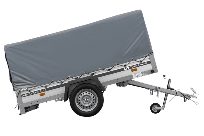 Einachsiger Anhänger auf Blattfedern mit Aluminiumseitenwänden 230x125 Unitrailer Garden 230/R KIPP ALU mit H-800 Rahmen und grauer Plane