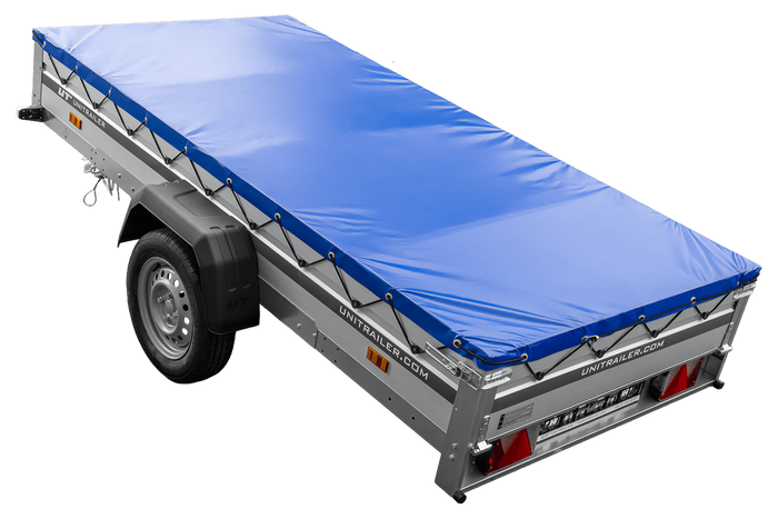 Autotransportanhänger mit Aluminiumseitenwänden 264x125 Unitrailer Garden 264 KIPP ALU mit H-0-Rahmen und blauer Plane