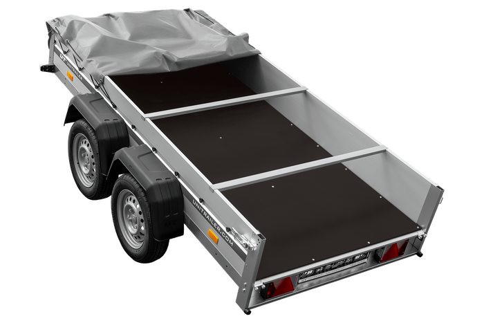 Zweiachsiger Anhänger mit Aluminiumseitenwänden 264x125 Unitrailer Garden 264/2 KIPP ALU mit H-0-Rahmen und grauer Plane