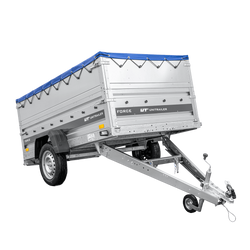 Leichter Anhänger 230x125 UNITRAILER FORCE 230 KIPP mit BIS-Seitenwänden, H-0-Rahmen und blauer Plane