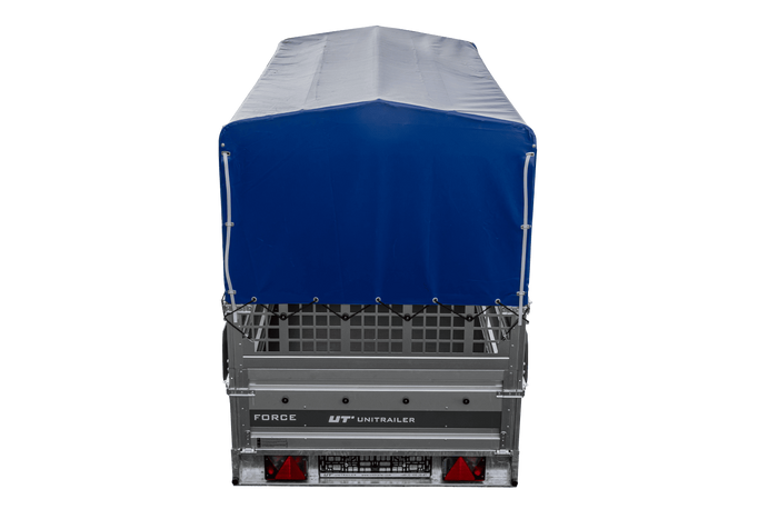 Autotransportanhänger 264x125 UNITRAILER FORCE 264 KIPP mit Gitterwänden, H-800 Rahmen und blauer Plane
