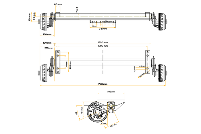 KNOTT VGB13-M gebremste Achse für Anhänger/Träger 1350 kg 1300 mm 1770 mm 5x112