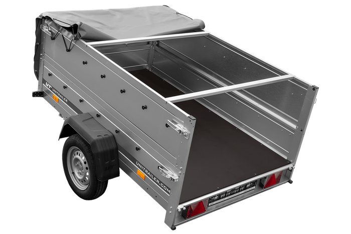 PKW-Anhänger 200x125 UNITRAILER GARDEN 201 KIPP mit Bordwandaufsatz, grauer Flachplane und Flachplanenträger