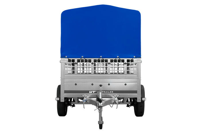 Einachsanhänger auf Federn 200x125 UNITRAILER GARDEN 201/R KIPP mit Gitterwänden, H-800-Rahmen und blauer Plane