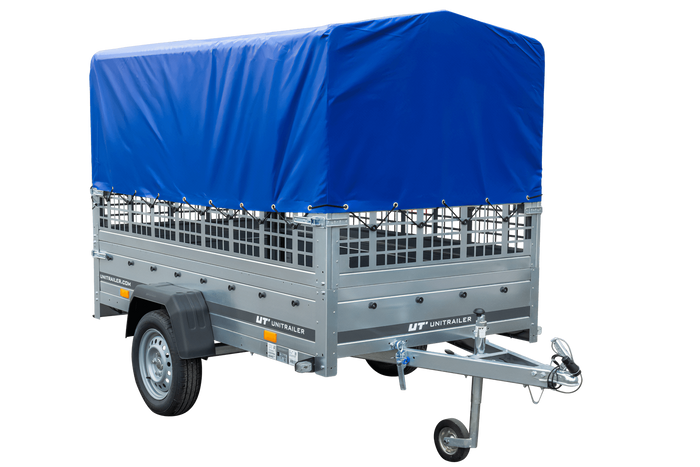 PKW-Anhänger 230x125 UNITRAILER GARDEN 230 KIPP mit Gitterseitenwänden und blauer Hochplane 80 cm