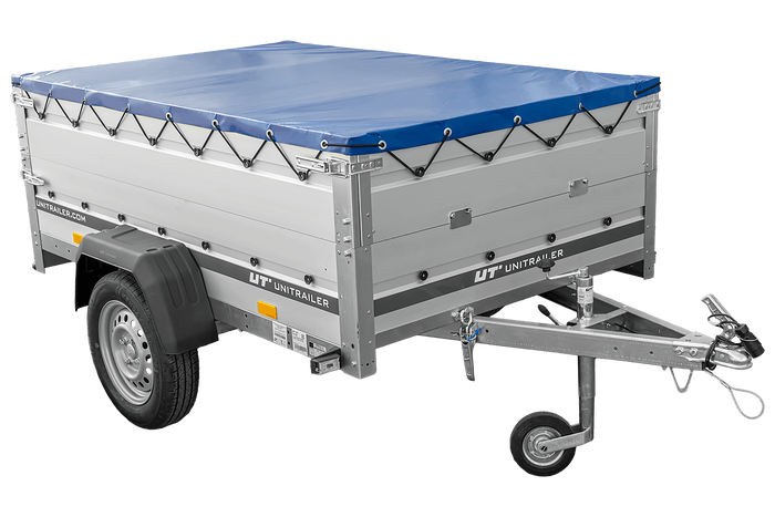 Autotransportanhänger mit Aluminiumwänden 200x125 Unitrailer Garden 201 KIPP ALU mit BIS-Seitenwänden, H-0-Rahmen und blauer Plane