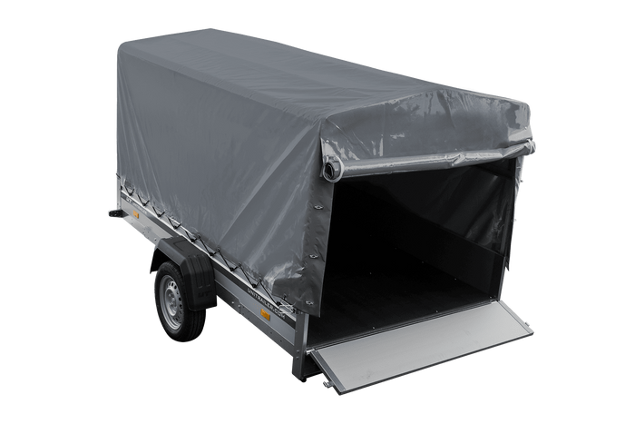 Autotransportanhänger mit Aluminiumseitenwänden 264x150 Unitrailer Garden 265 KIPP ALU mit H-1100 Rahmen und grauer Plane
