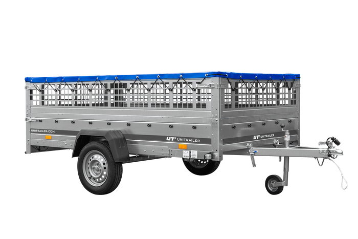 Anhänger 264x150 UNITRAILER GARDEN 265 KIPP mit Gitteraufsatz, Flachplanenträgern und blauer Plane