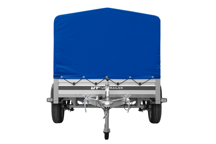 Einachsiger Anhänger auf Blattfedern mit Aluminiumseitenwänden 230x125 Unitrailer Garden 230/R KIPP ALU mit H-800 Rahmen und blauer Plane