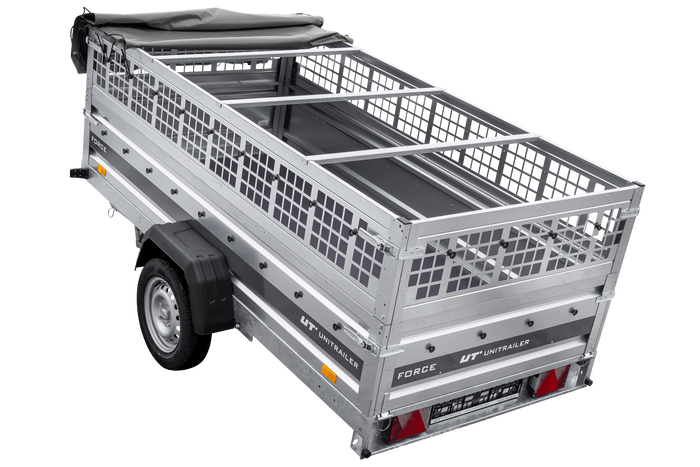 Einachsiger Anhänger auf Blattfedern 264x125 UNITRAILER FORCE 264/R KIPP mit Gitterseitenwänden, H-0-Rahmen und grauer Plane