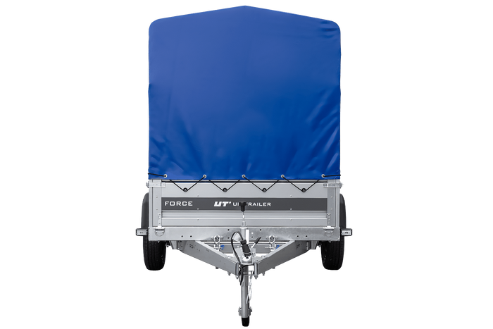 Autotransportanhänger auf Federn 230x125 UNITRAILER FORCE 230/R KIPP mit H-1100 Rahmen und blauer Plane