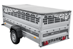 Einachsiger Anhänger auf Blattfedern 264x125 UNITRAILER FORCE 264/R KIPP mit Gitterseitenwänden, H-0-Rahmen und grauer Plane