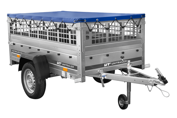 Einachsanhänger 200x106 UNITRAILER GARDEN 200 KIPP mit Maschenseitenwänden und blauer Plane