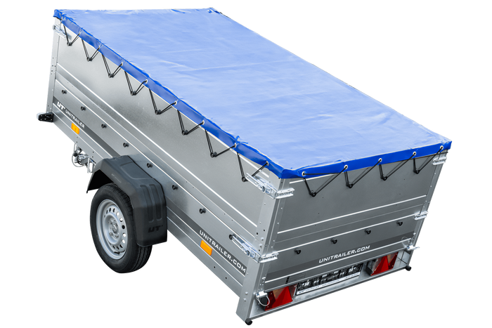 Anhänger mit faltbarer Deichsel GARDEN TRAILER 230 KIPP mit zusätzlichen Bordwänden, Stützrad und blauer Flachplane