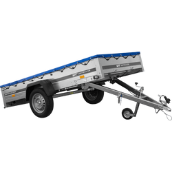 EINACHS-TIEFLADER GARDEN TRAILER 264 KIPP MIT STÜTZRAD, QUERSTREBEN UND BLAUER FLACHPLANE