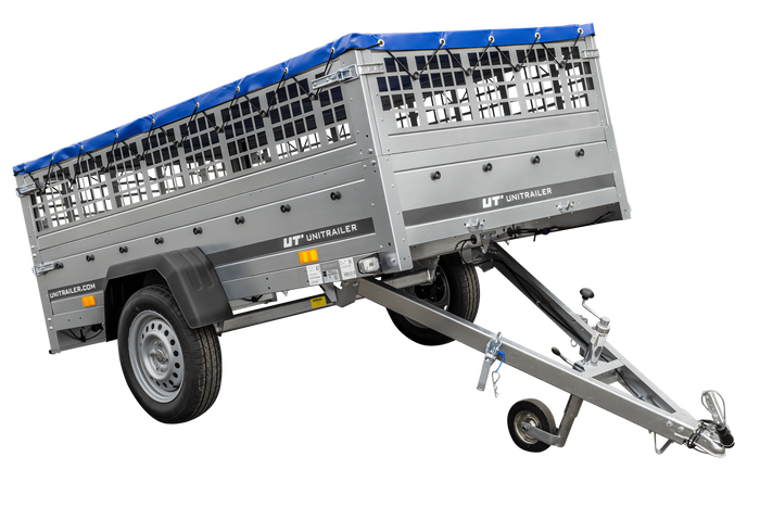 Pkw Transport Anhänger 230x125 Garden Trailer 230 KIPP mit Laubgitteraufsatz, blauer Flachplane und Stützrad