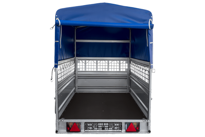 Autotransportanhänger auf Federn 264x125 UNITRAILER FORCE 264/R KIPP mit Gitterwänden, H-800 Rahmen und blauer Plane