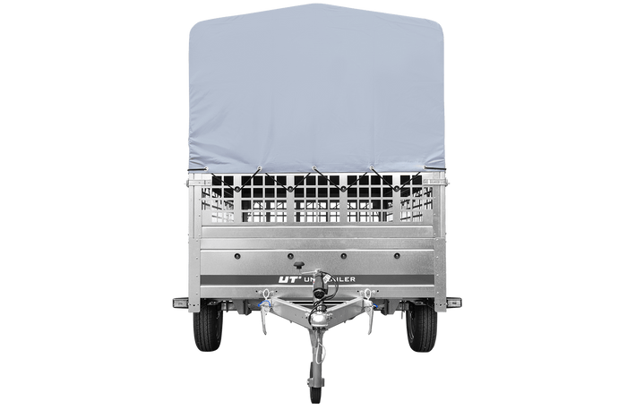 1-Achs-Anhänger GARDEN TRAILER 264 KIPP mit Laubgitteraufsatz, grauer Hochplane, Hochspriegel und Stützrad