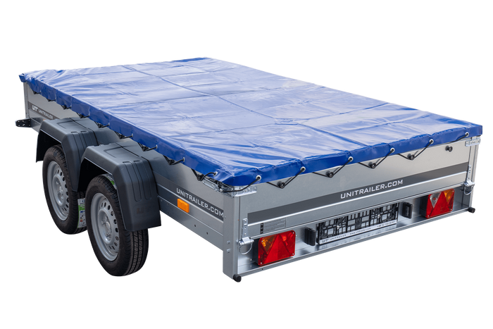 Autotransportanhänger 264x150 UNITRAILER GARDEN 265/2 KIPP mit H-0-Rahmen und blauer Plane