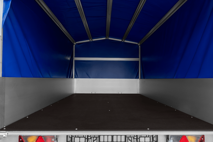 Einachsanhänger mit Aluminiumseitenwänden 264x125 Unitrailer Garden 264 KIPP ALU mit H-800 Rahmen und blauer Plane