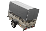 Planenanhänger 230x125 Garden Trailer 230 KIPP mit Laubgitteraufsatz, grauer Hochplane, Hochspriegel und Stützrad