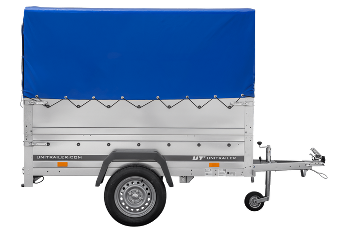 Autotransportanhänger 200x106 UNITRAILER GARDEN 200 KIPP mit BIS-Seitenwänden, H-800-Rahmen und blauer Plane