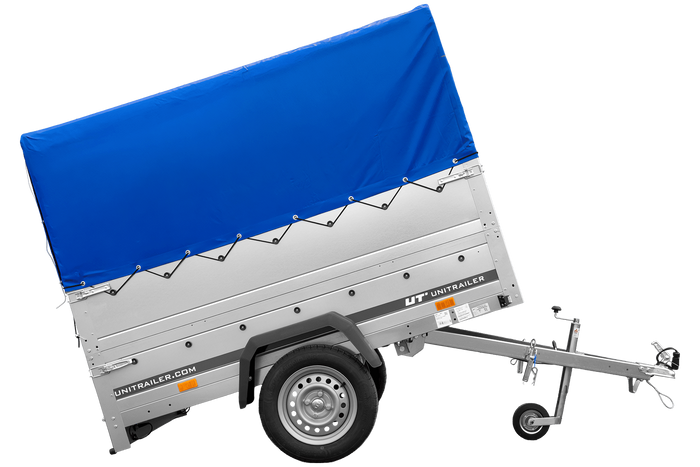 Einachsanhänger 200x125 UNITRAILER GARDEN 201 KIPP mit BIS-Seitenwänden, H-800-Rahmen und blauer Plane