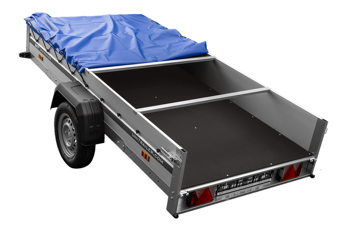 Autotransportanhänger mit Aluminiumseitenwänden 264x125 Unitrailer Garden 264 KIPP ALU mit H-0-Rahmen und blauer Plane