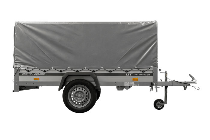 Einachsanhänger mit ALU-Bordwänden 230x125 Unitrailer Garden 230 KIPP ALU mit H-800 Rahmen und grauer Plane