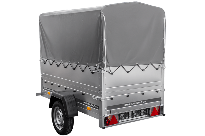 Leichter Anhänger 200x106 UNITRAILER GARDEN 200 KIPP mit BIS-Seitenwänden, H-800-Rahmen und grauer Plane