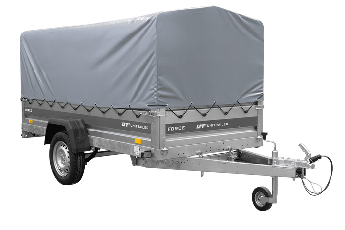 Einachsiger Federanhänger 264x125 UNITRAILER FORCE 264/R KIPP mit H-800 Rahmen und grauer Plane